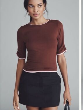 Maeve Brown Top with Pink Trim